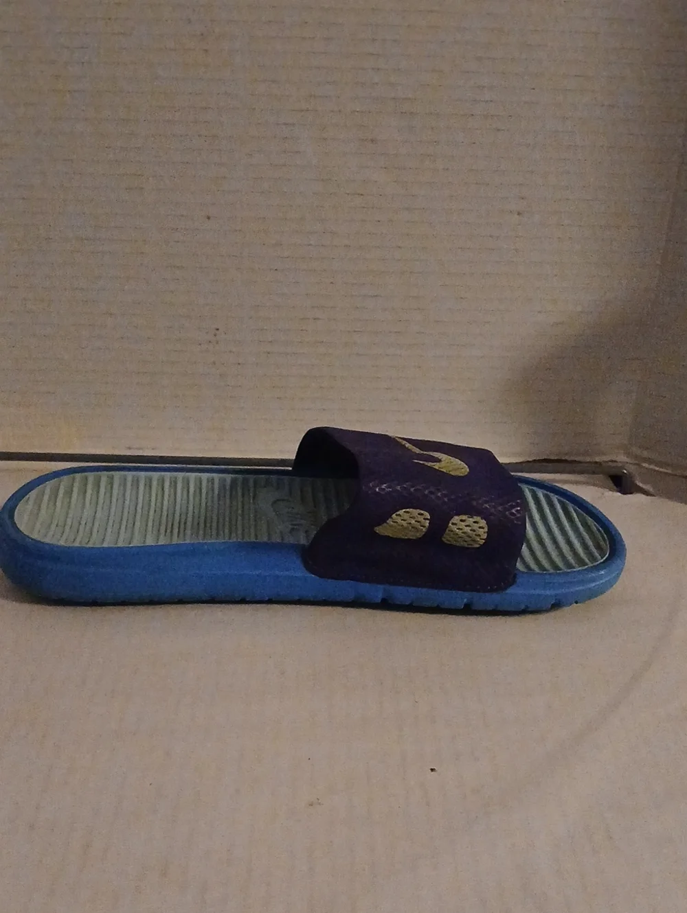 Nike Burgundy Slides with Purple Swoosh and Blue Trim